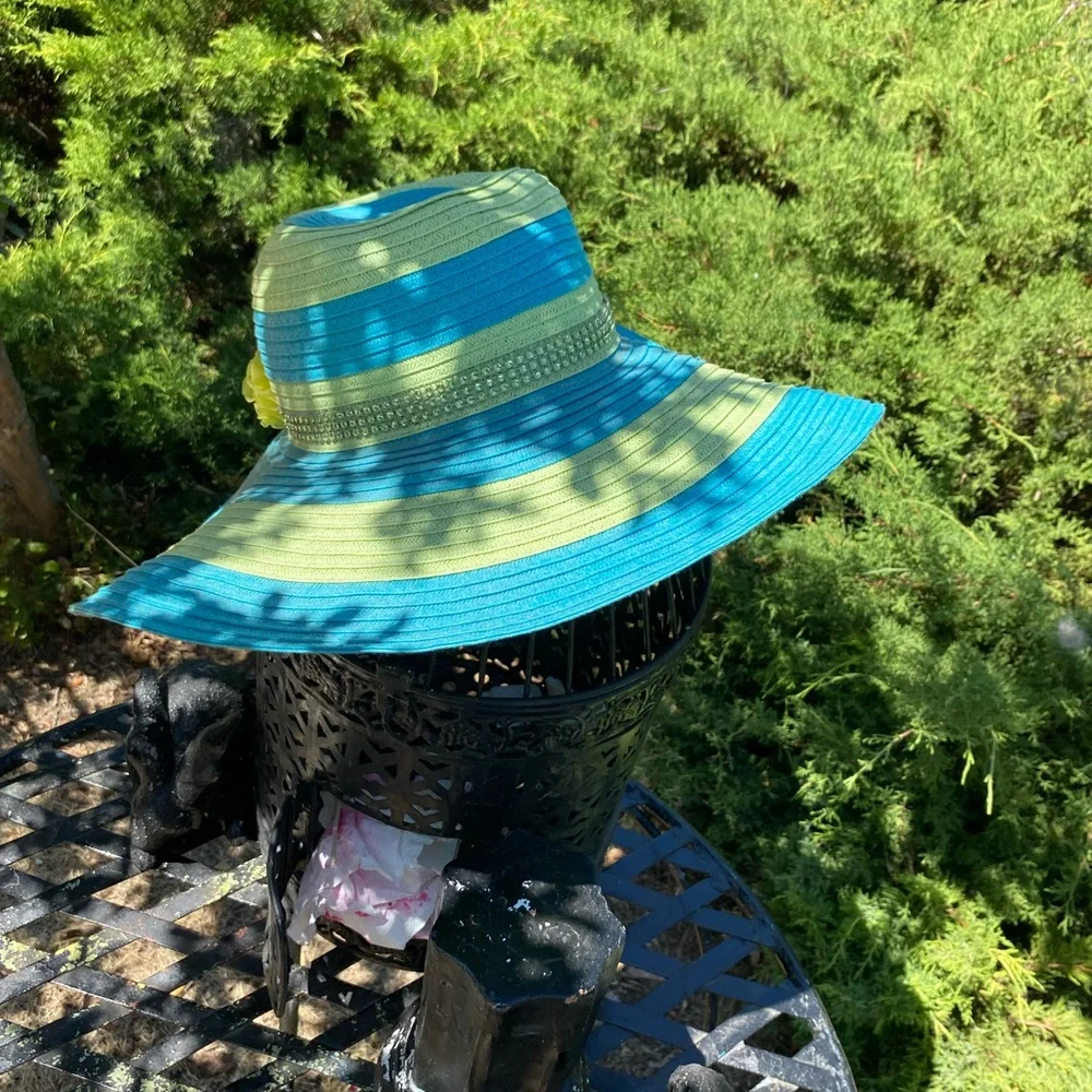 Fair Weather Blue and Green Striped Wide-Brim  Sun Hat - Picture 7 of 9